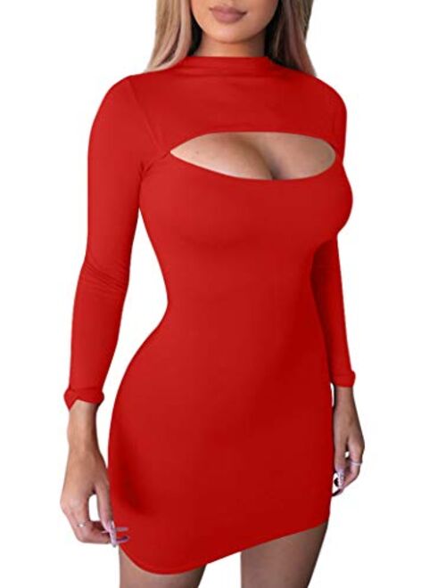 GOBLES Women's Sexy Long Sleeve Hollow Out Bodycon Party Club Mini Dress