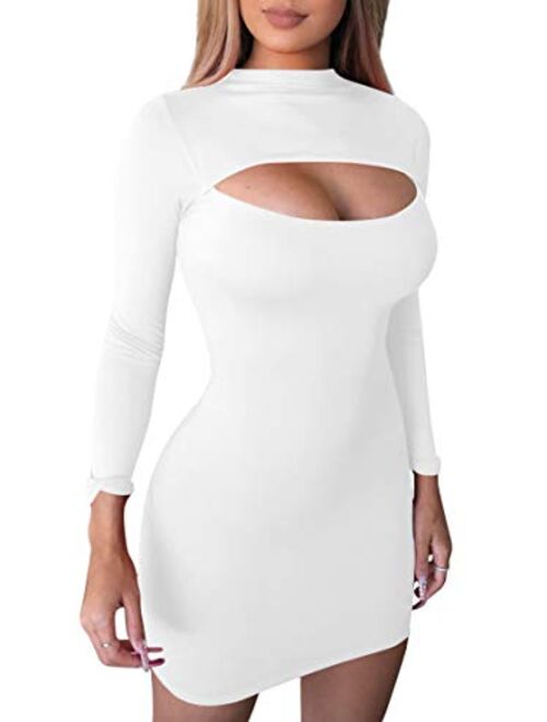 GOBLES Women's Sexy Long Sleeve Hollow Out Bodycon Party Club Mini Dress