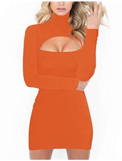 Haola Women's Long Sleeve Cut Out Front Sexy Club Bodycon Dress Party Mini Bandage Dress