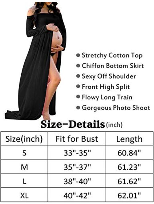 VSNOW Chiffon Maternity Off Shoulder Front Split Gown Long Sleeve Maxi Photography Dress for Photo Shoot