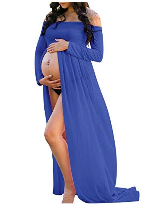 VSNOW Chiffon Maternity Off Shoulder Front Split Gown Long Sleeve Maxi Photography Dress for Photo Shoot