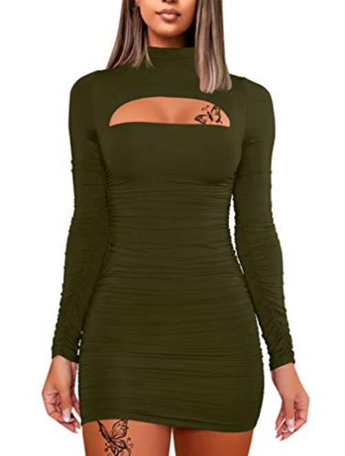 WHONE Women's Sexy Long Sleeve Cut Out Bodycon Ruched Party Club Mini Dress