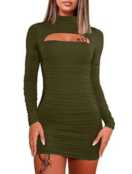 WHONE Women's Sexy Long Sleeve Cut Out Bodycon Ruched Party Club Mini Dress