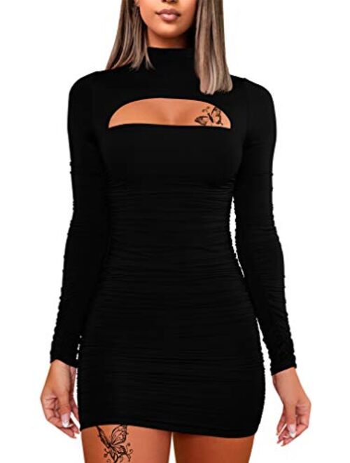 WHONE Women's Sexy Long Sleeve Cut Out Bodycon Ruched Party Club Mini Dress