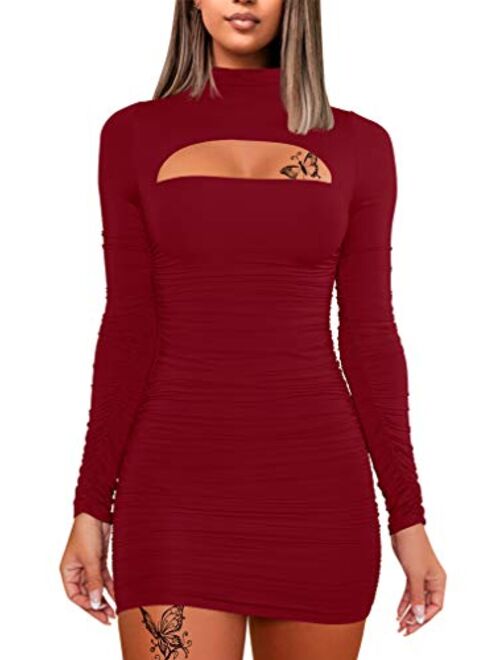 WHONE Women's Sexy Long Sleeve Cut Out Bodycon Ruched Party Club Mini Dress