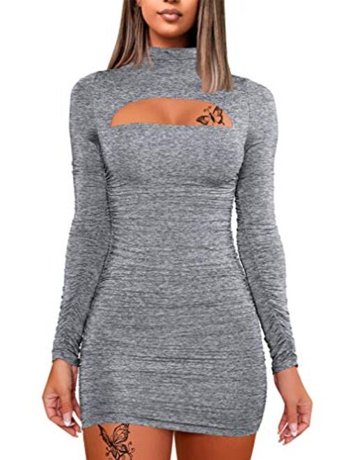 WHONE Women's Sexy Long Sleeve Cut Out Bodycon Ruched Party Club Mini Dress