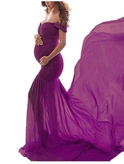 OJQ Maternity Off Shoulder Chiffon Gown for Photoshoot Maxi Photography Dress for Photo Props Dress