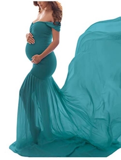 OJQ Maternity Off Shoulder Chiffon Gown for Photoshoot Maxi Photography Dress for Photo Props Dress