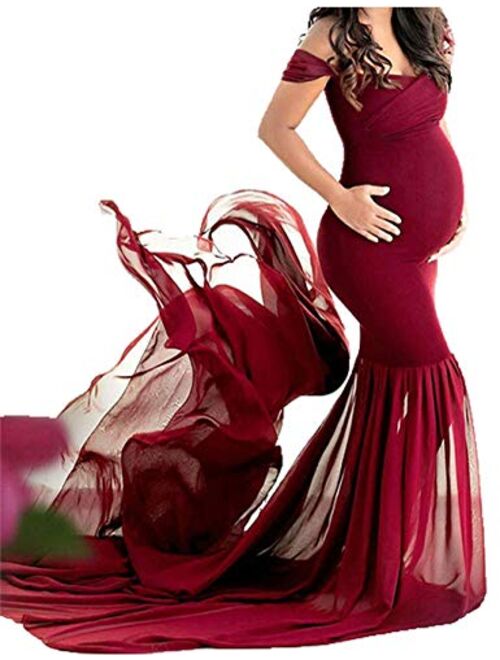 OJQ Maternity Off Shoulder Chiffon Gown for Photoshoot Maxi Photography Dress for Photo Props Dress