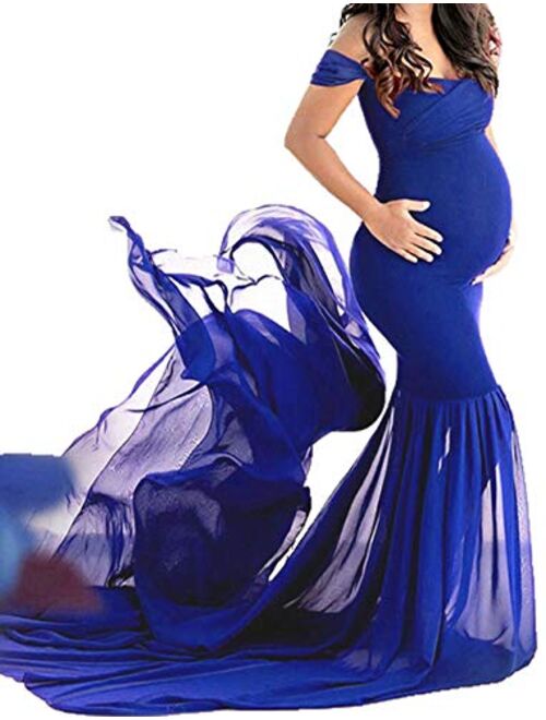 OJQ Maternity Off Shoulder Chiffon Gown for Photoshoot Maxi Photography Dress for Photo Props Dress