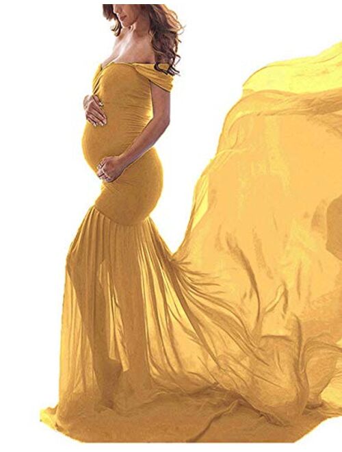 OJQ Maternity Off Shoulder Chiffon Gown for Photoshoot Maxi Photography Dress for Photo Props Dress