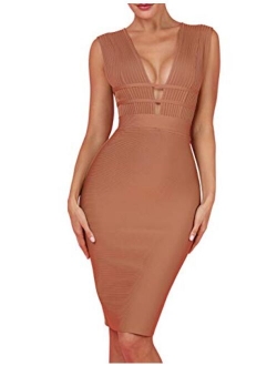 Women's Sleeveless Deep Plunge V Neck Night Club Party Bandage Dress with Waist Straps