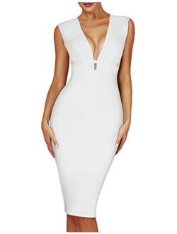 Women's Sleeveless Deep Plunge V Neck Night Club Party Bandage Dress with Waist Straps