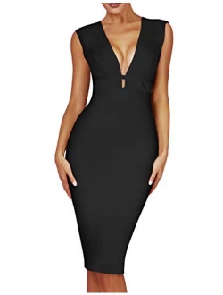 Women's Sleeveless Deep Plunge V Neck Night Club Party Bandage Dress with Waist Straps