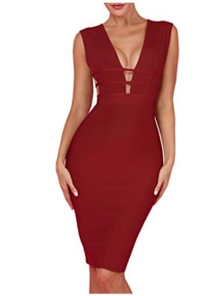 Women's Sleeveless Deep Plunge V Neck Night Club Party Bandage Dress with Waist Straps