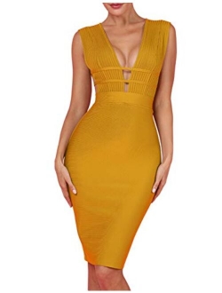 Women's Sleeveless Deep Plunge V Neck Night Club Party Bandage Dress with Waist Straps