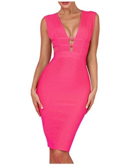 Women's Sleeveless Deep Plunge V Neck Night Club Party Bandage Dress with Waist Straps