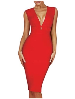 Women's Sleeveless Deep Plunge V Neck Night Club Party Bandage Dress with Waist Straps