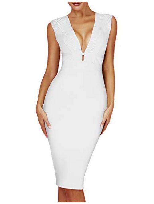 UONBOX Women's Sleeveless Deep Plunge V Neck Night Club Party Bandage Dress with Waist Straps