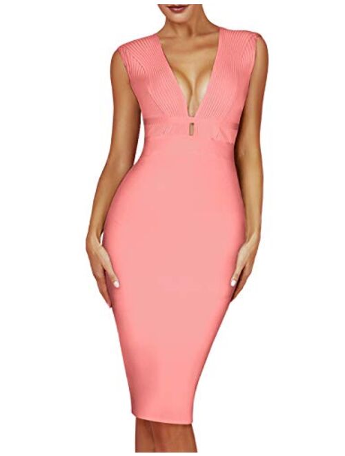 UONBOX Women's Sleeveless Deep Plunge V Neck Night Club Party Bandage Dress with Waist Straps