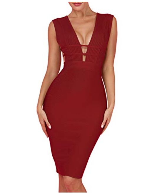 UONBOX Women's Sleeveless Deep Plunge V Neck Night Club Party Bandage Dress with Waist Straps