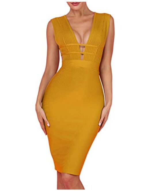 UONBOX Women's Sleeveless Deep Plunge V Neck Night Club Party Bandage Dress with Waist Straps