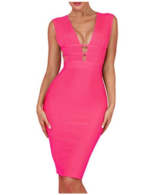 UONBOX Women's Sleeveless Deep Plunge V Neck Night Club Party Bandage Dress with Waist Straps