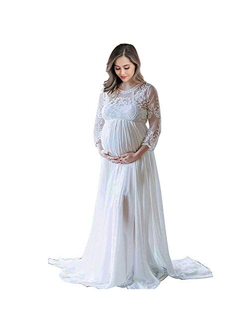 Women's Long Sleeve V Neck White Lace Chiffon Floral Maternity Gown Maxi Photography Dress