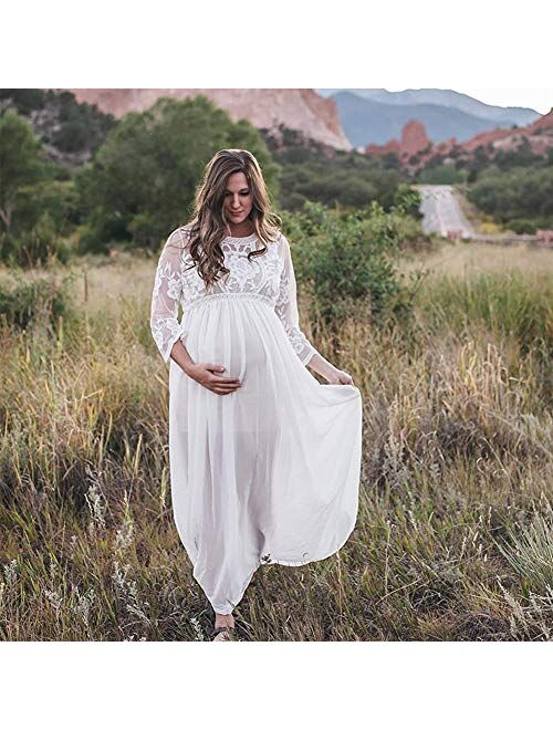 Women's Long Sleeve V Neck White Lace Chiffon Floral Maternity Gown Maxi Photography Dress