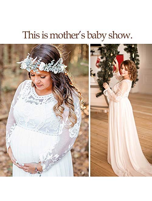 Women's Long Sleeve V Neck White Lace Chiffon Floral Maternity Gown Maxi Photography Dress