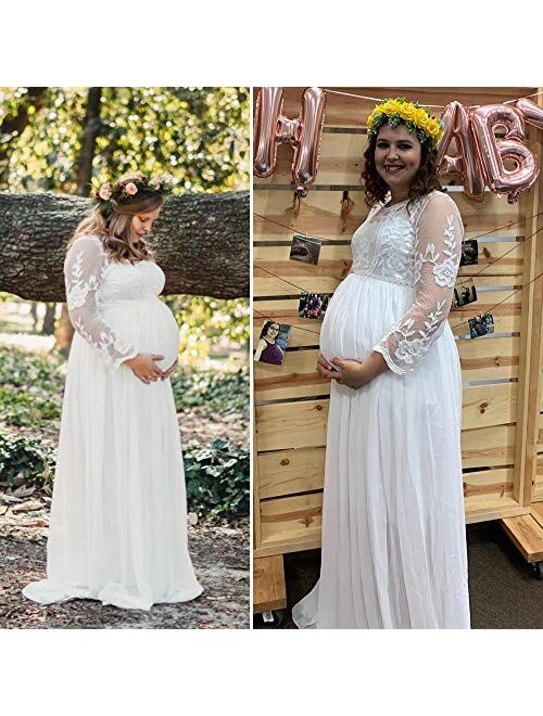 Women's Long Sleeve V Neck White Lace Chiffon Floral Maternity Gown Maxi Photography Dress