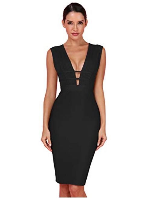 whoinshop Women 'S Sexy Deep V Plunge Sleeveless Cut Out Bodycon Bandage Cocktial Party Dresses