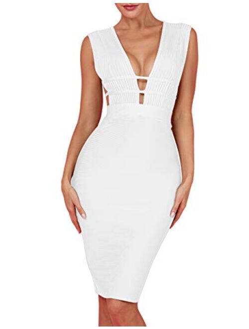 whoinshop Women 'S Sexy Deep V Plunge Sleeveless Cut Out Bodycon Bandage Cocktial Party Dresses