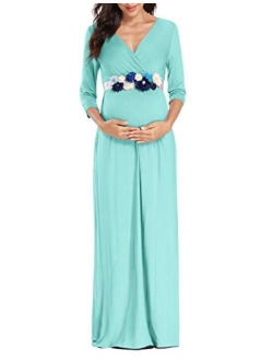 KIM S Maternity Maxi Dress with Flower Sash, Wrapped Ruched V Neck Photoshoot Dress with Pocket