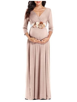 KIM S Maternity Maxi Dress with Flower Sash, Wrapped Ruched V Neck Photoshoot Dress with Pocket