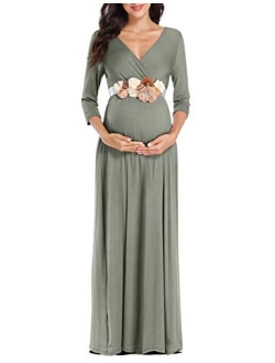 KIM S Maternity Maxi Dress with Flower Sash, Wrapped Ruched V Neck Photoshoot Dress with Pocket