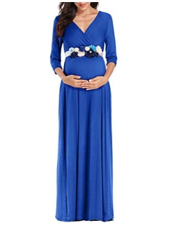 KIM S Maternity Maxi Dress with Flower Sash, Wrapped Ruched V Neck Photoshoot Dress with Pocket