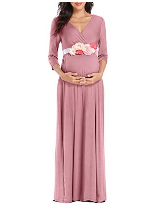 KIM S Maternity Maxi Dress with Flower Sash, Wrapped Ruched V Neck Photoshoot Dress with Pocket