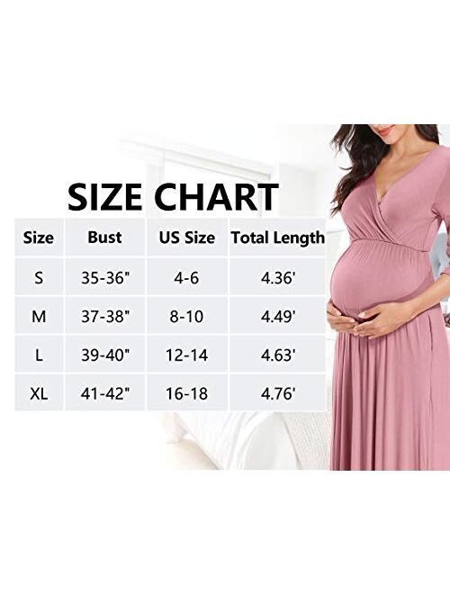 KIM S Maternity Maxi Dress with Flower Sash, Wrapped Ruched V Neck Photoshoot Dress with Pocket