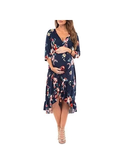 Women's Faux Wrap Hi-Lo Maternity Dress for Baby Shower or Casual Wear