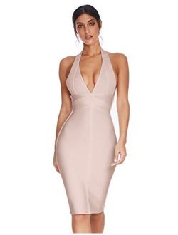 meilun Women's Deep V Halter Neck Bandage Dress Club Party Night Wear Bodycon Dress