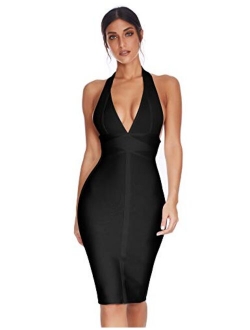 meilun Women's Deep V Halter Neck Bandage Dress Club Party Night Wear Bodycon Dress