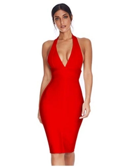 meilun Women's Deep V Halter Neck Bandage Dress Club Party Night Wear Bodycon Dress