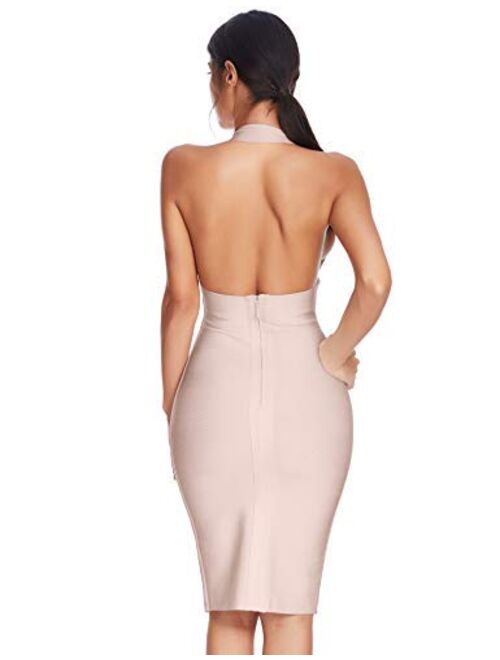 meilun Women's Deep V Halter Neck Bandage Dress Club Party Night Wear Bodycon Dress