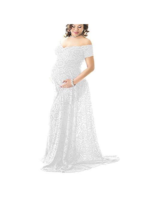 Elegant Lace Maternity Dress Off Shoulder Short Sleeve Photography High Waist Slim Fit V Neck Floor Length Maxi Dress