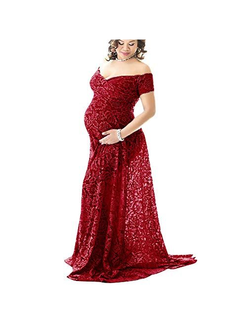 Elegant Lace Maternity Dress Off Shoulder Short Sleeve Photography High Waist Slim Fit V Neck Floor Length Maxi Dress