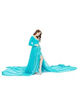 9.84ft Chiffon Maternity Photoshoot Dress Split Off Shoulder Long Train Sleeve