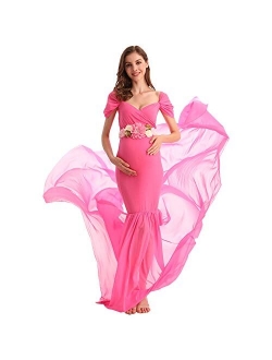 AYMENII Maternity Off Shoulder Chiffon Gown w/Long Train Maxi Photography Dress Wedding Party Photo Props Baby Shower Dress