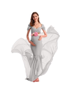 AYMENII Maternity Off Shoulder Chiffon Gown w/Long Train Maxi Photography Dress Wedding Party Photo Props Baby Shower Dress