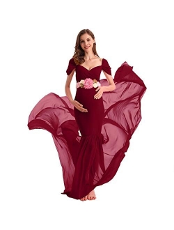 AYMENII Maternity Off Shoulder Chiffon Gown w/Long Train Maxi Photography Dress Wedding Party Photo Props Baby Shower Dress